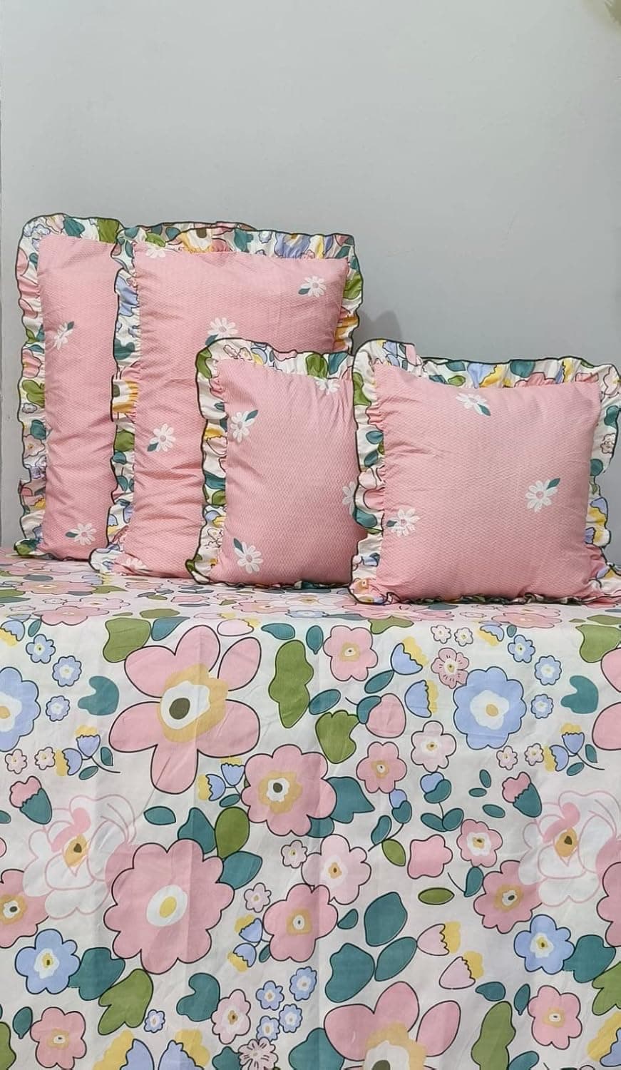 MORADO 5Pcs Bedding Set Frill Glace Cotton 210 TC Double Bed Size Bedsheet with 2 Pillow Covers and 2 Filled Cushions 108x108 Inch Pink Offwhite