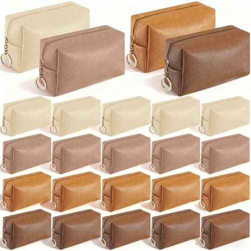 Chunful 24 Pcs Preppy Makeup Bag PU Leather Cosmetic Bag Bulk Makeup Plain Pouch Waterproof Toiletry Purse for Women Traveling Preppy Pencil Case Valentines Day GiftsBrown Series