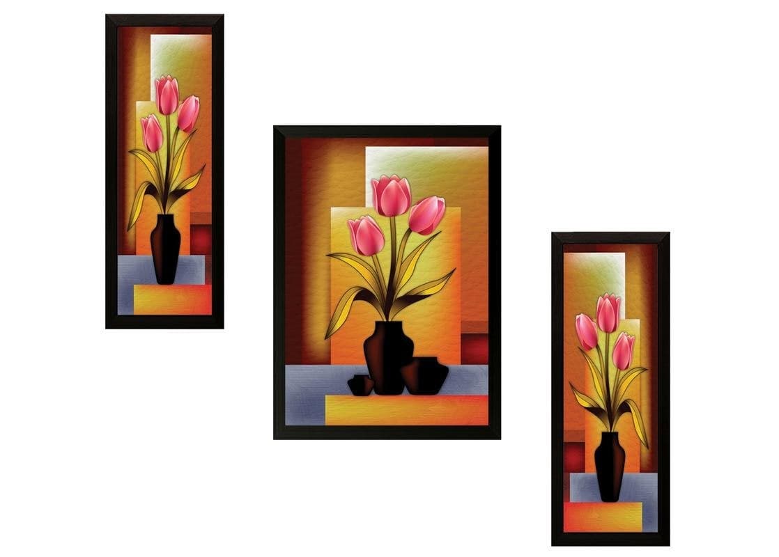 SAF paintings Diwali Gift UV Textured Flower Print Framed Painting Set of 3 for Home Decoration Size 35 x 2 x 50 cm PhotoS59