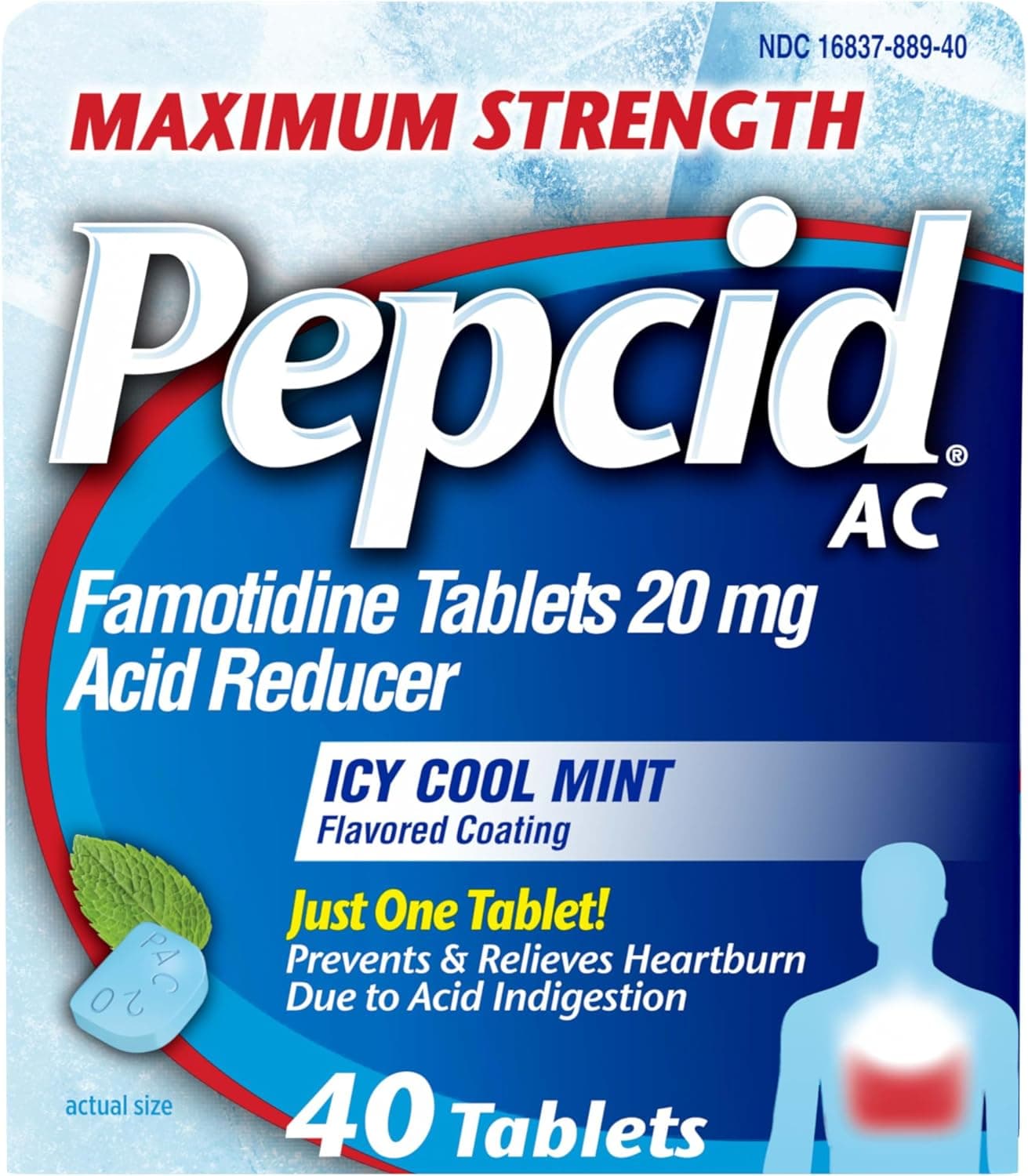 Pepcid AC Maximum Strength Heartburn Relief Tablets, OTC Medicine Prevents & Relieves Heartburn Due to Acid Indigestion & Sour Stomach, 20mg Famotidine Acid Reducer, ICY Cool Mint, 40 ct