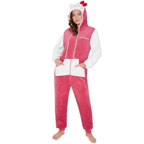 Hello Kitty Sanrio One Piece Pajamas for Women Teens Kawaii Fleece Loungewear Soft Sleepwear Jumpsuit PJs Gifts for Women XL Red
