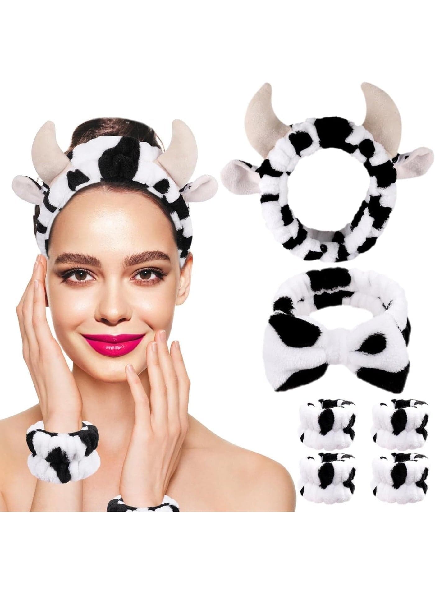 Spa Makeup Headband for Washing Face or Facial, 6Pack Cow Print Skincare Headbands and Wristbands Set, Plush Wash Face Headband, for Women and Girls, Costume Party Supply, Birthday Gift
