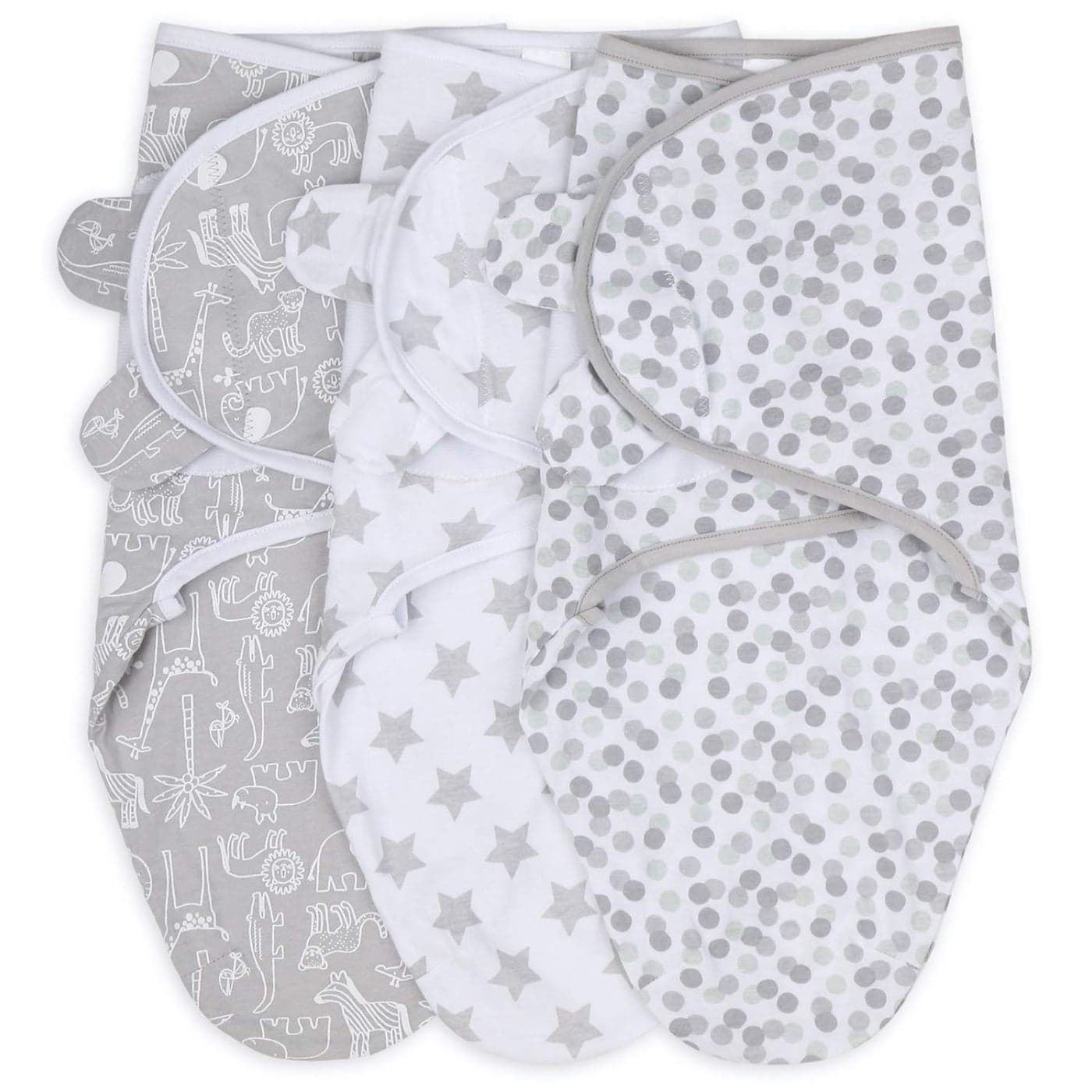 The Peanutshell Baby Swaddle Blankets for Boys or Girls Grey Safari Animals Stars 3 Pack Wrap Set MediumLarge
