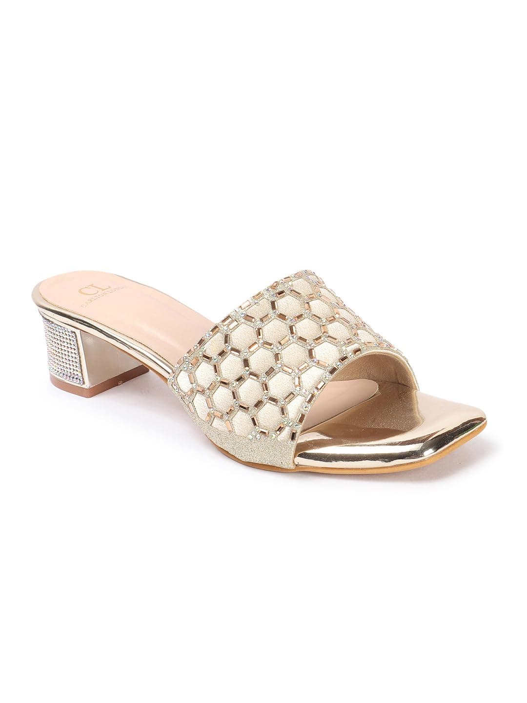 Carlton London Women Gold Stylish Fashion Embellished Ethnic Sandals for Outdoor, Party, Wedding and Holidays with Block Heels (40)