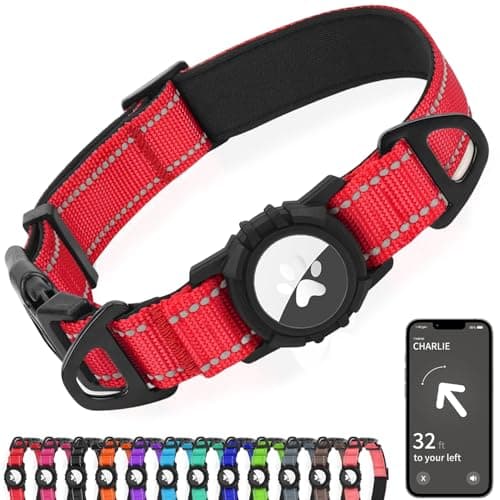 Joytale Airtag Dog Collar, Reflective Pet Collar with Waterproof AirTag Holder, Dual D-Rings, Soft Padded Adjustable for Large Dogs, Red, L