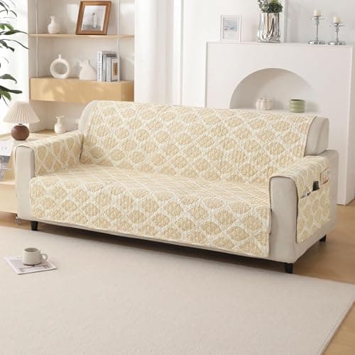 HOKIPO 'VivaCasa Series' Polyester 3 Seater Quilted Sofa Cover with Pockets, Ogee Ivory (NEW-IN-742-D6)