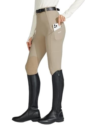 Willit Women's Horse Riding Pants Knee-Patch Equestrian Breeches Horseback Schooling Tights Zipper Pockets Khaki M