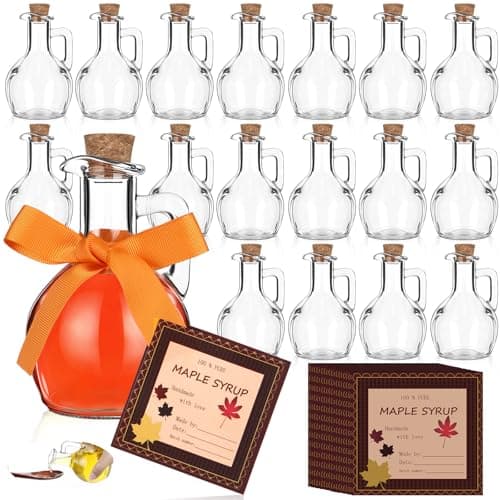 Blushtier 18 Pcs 6.7 oz Glass Maple Syrup Bottles Clear Reusable Glass Bottles with Lids Loop Handle and Maple Syrup Stickers Syrup Jars Syrup Container for Milk Potion Juice Sauce Oil Storage Gift