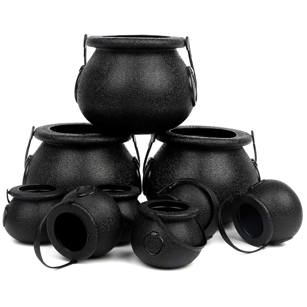 CCINEE Black Cauldron with HandlePlastic Candy Kettle Bucket for StPatricks DayHalloween Party Favor DecorPack of 9