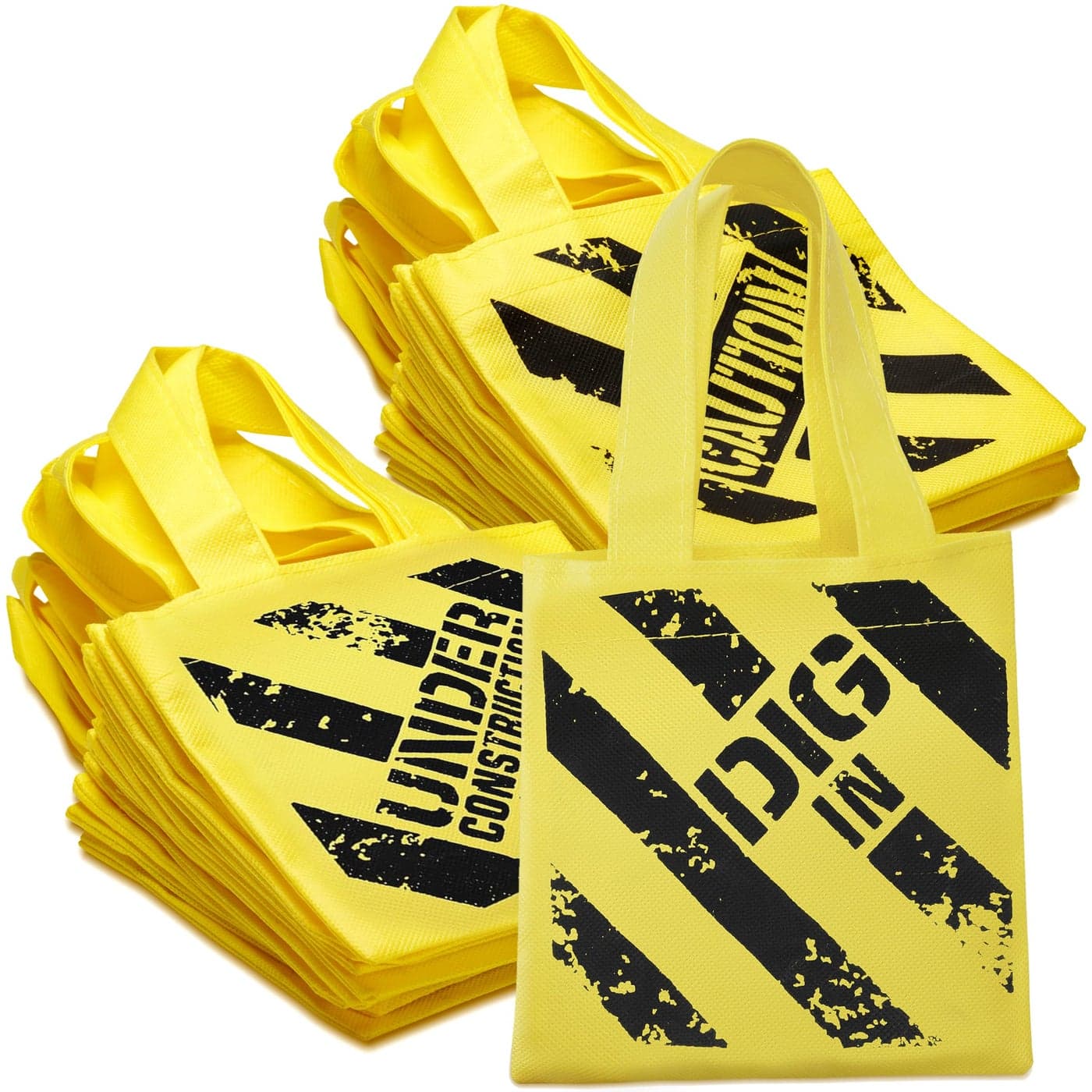 Construction Birthday Party Supplies - (12) Under Construction Themed Mini Non-Woven Canvas Tote Bags with Handles for Party Favor Bag Supplies for Kids and Goodie Bags for Boys, Yellow