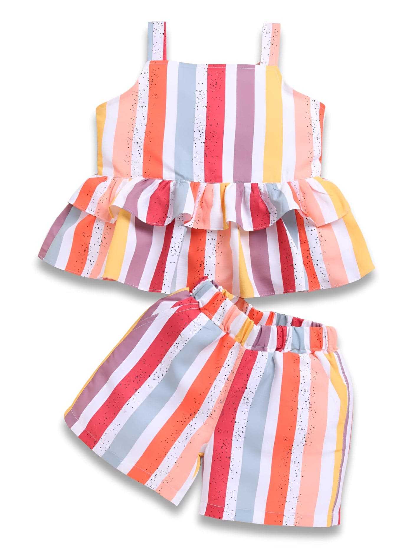 Toonyport Girls' Striped Ruffle Tank Top and Shorts Set, Multi-Coloured Summer Outfit, Sleeveless (2 Years - 3 Years)