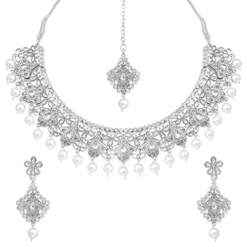 Peora Oxidised Silver Handcrafted Rajasthani Necklace Set with Earrings & Maang Tikka for Women Girls