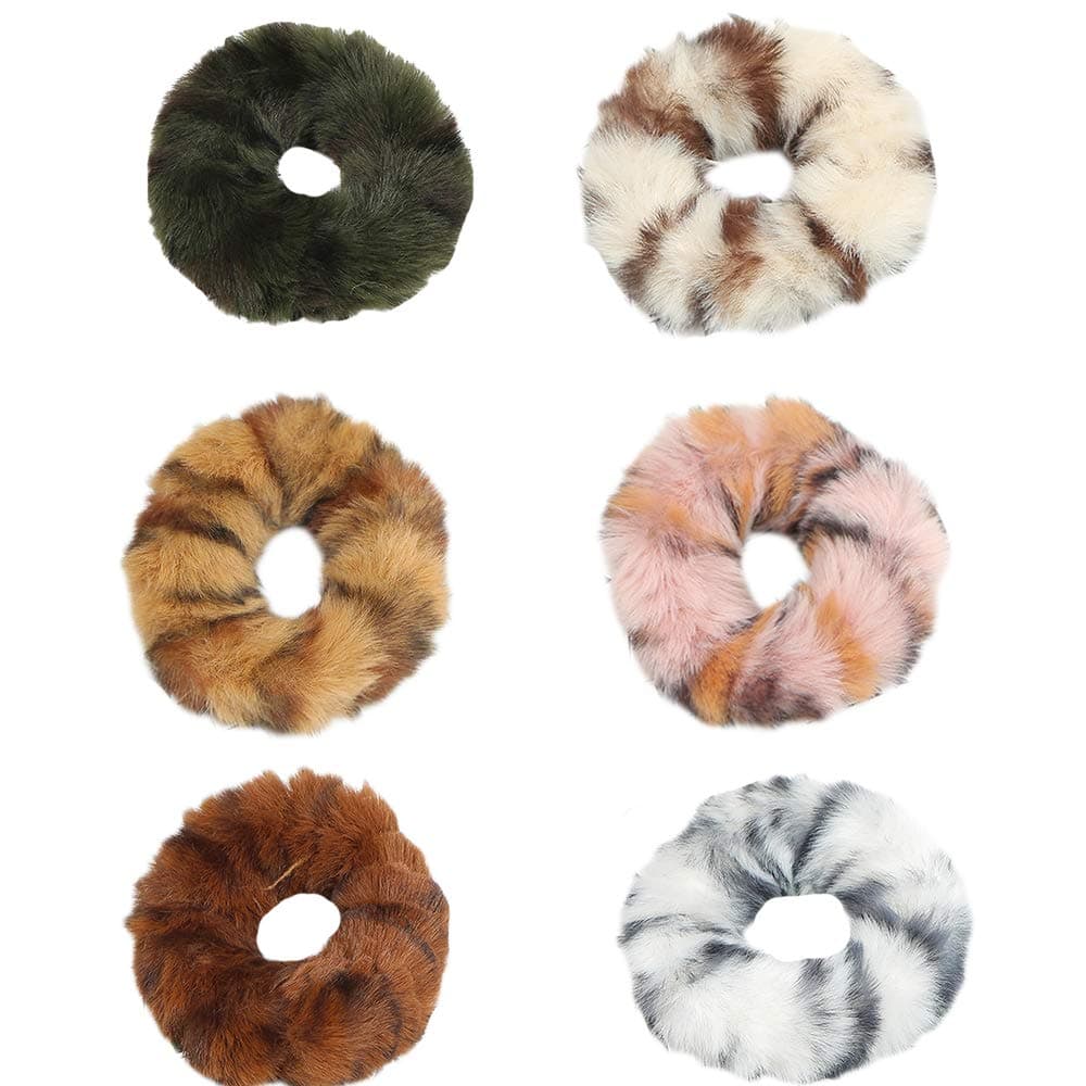 Pack of 6 Faux Ru Furry Scrunchies Fur Hair Bands Wristband Hair Rings Women Girl kids Faux Fur Fluffy Ball Hair Band Rope Hair Tie Ponytail Holder Hair Accessories 6PCSA