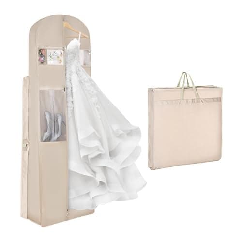 Univivi Portable Wedding Dress Garment Bag 72 Inch Trifold Bridal Dress Bags for Gowns Long with 12 Gusseted and Accessory Pockets Dress Cover for Wedding Dress Evening Gowns Beige