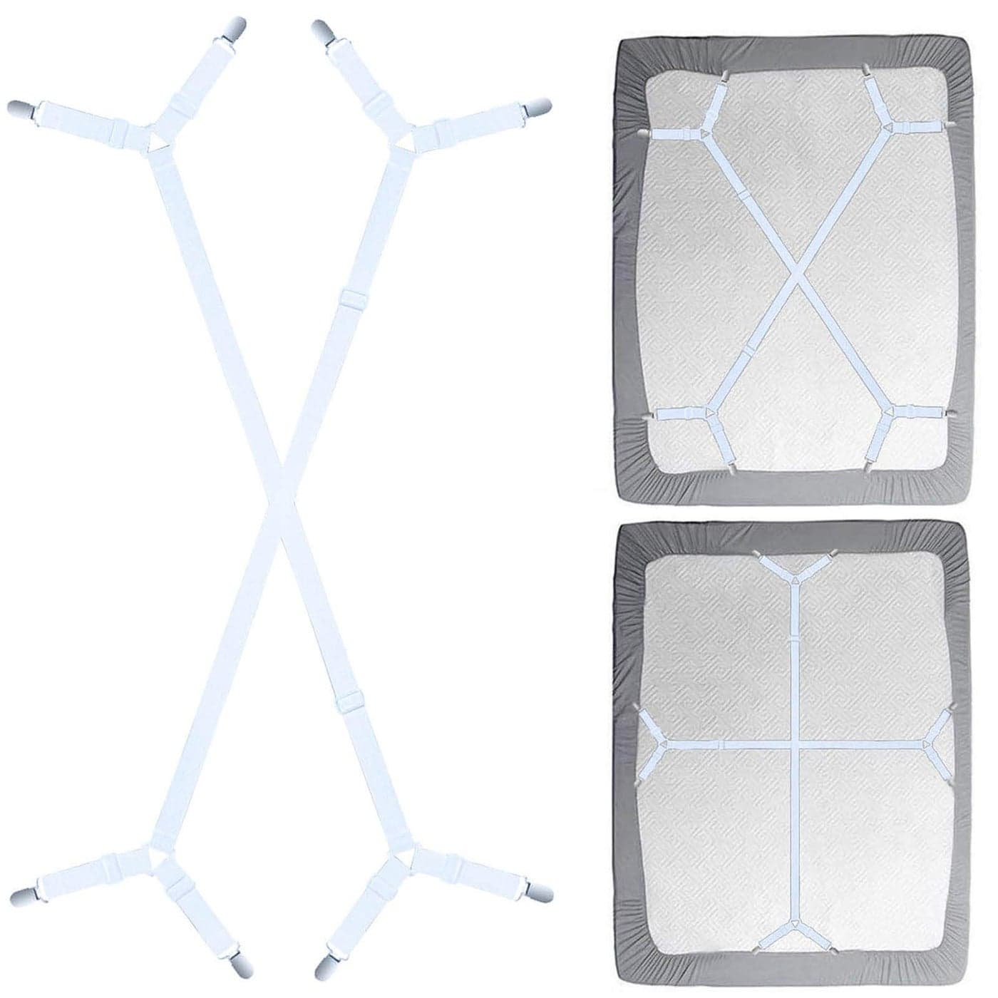 Siaomo Sheet Fasteners Suspenders Straps Adjustable Crisscross Bed Sheets Holder Clips Elastic Band Sheet Keeper Stays Grippers2PcsSet White