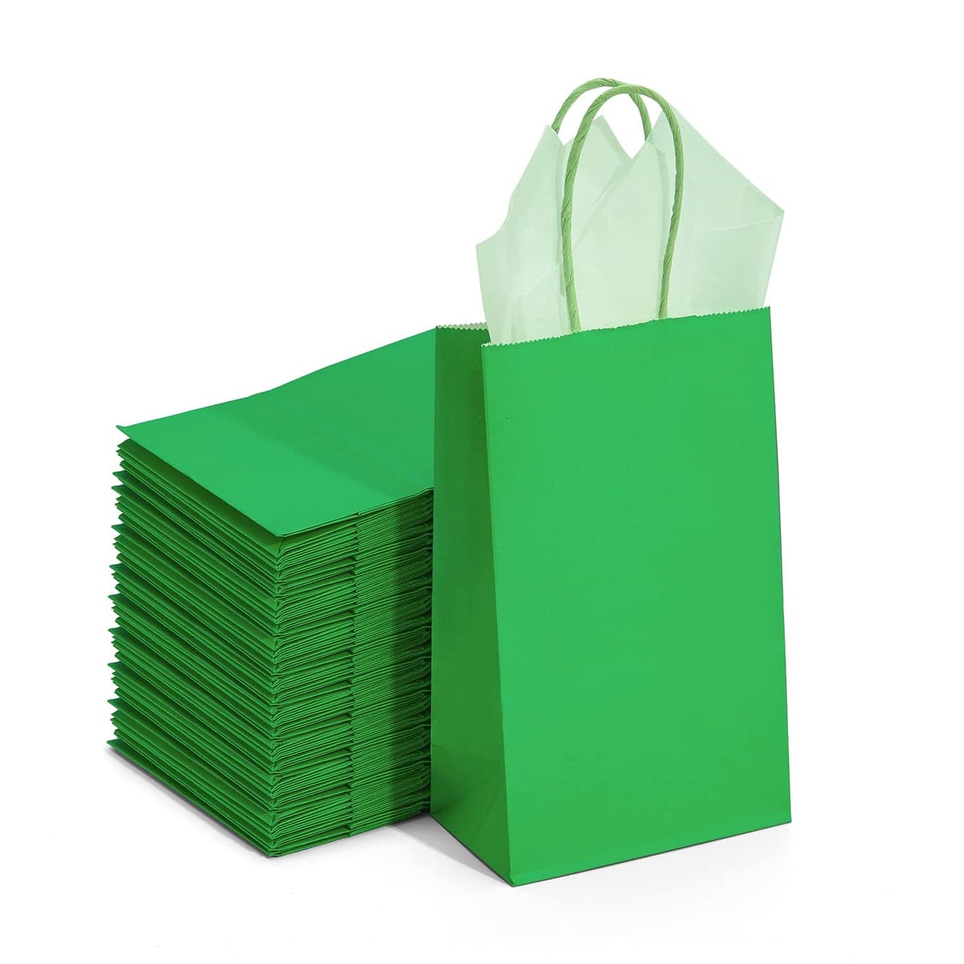 DjinnGlory 100 Pack SmallSized 9x55x315 Green Paper Gift Bags with Handles Bulk for Boutiques Party Favors Goodies Christmas St Patricks Holiday Solid Green