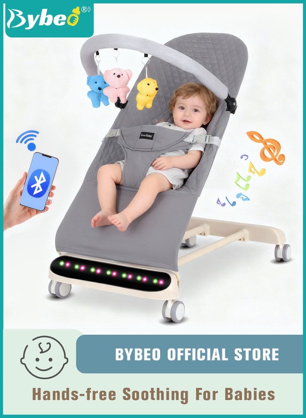 Baby Bouncer, Infant Rocker, Portable Baby Swing Chair, Durable Bouncer Seat, Infant Rocking Bouncer for Babies, with 3-Point Harness, 4 Adjustable Height, Wheels, Toy Rack, and Bluetooth