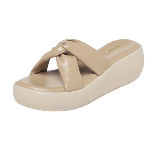 MONROW Fancy And Stylish Extra Cushioning and Comfortable Fashionable Light Weight Vegan Fashion Heel Sandal for Women and Girls Beige 5UK