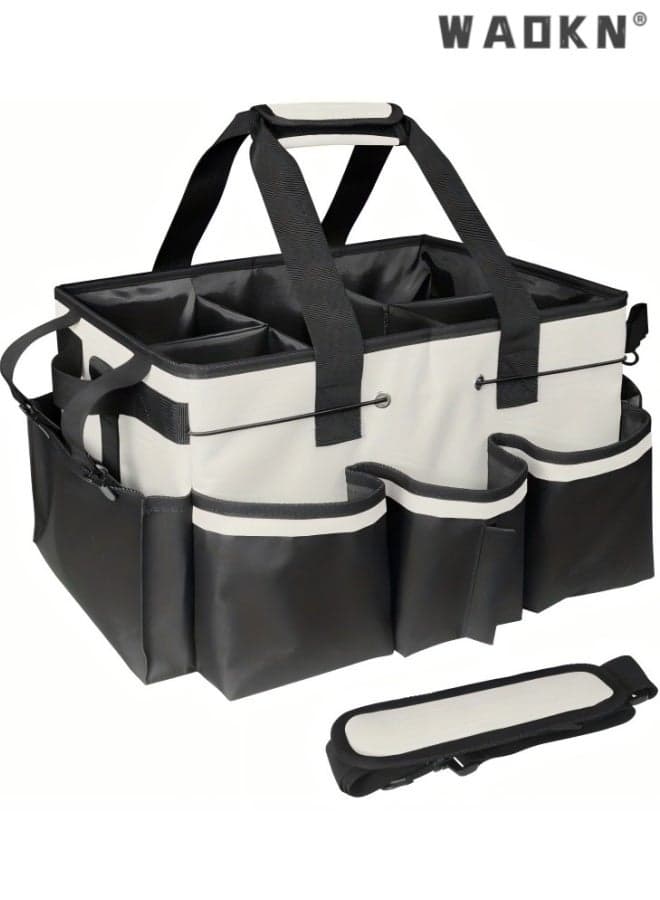 Large Tools Bag, Cleaning Storage Bag with Adjustable Shoulder Straps and Waist Belt, Wearable Cleaning Caddy Supplies Tote Bag, Cleaning Tool Organizers Bag with Foldable and Detachable Divider for Home, Housekeepers and Garden,White.