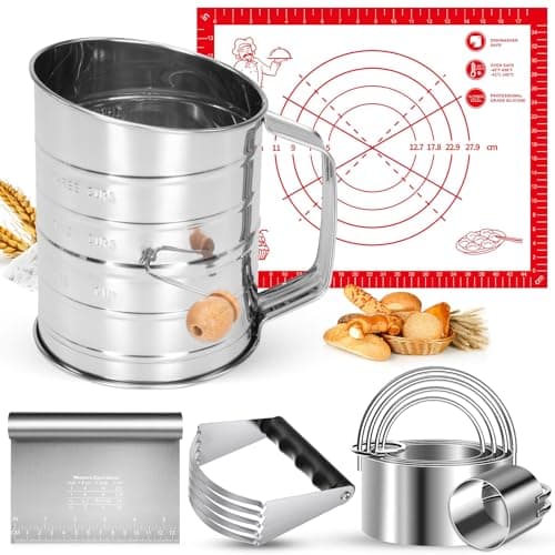 9PCS Stainless Steel Pastry Blender Set 3 Cup Flour Sifter Biscuit Cutter Pastry Cutter Dough Cutter Silicone Baking Mats for Cooking Cookies and Donuts Cakes Biscuits or Making Pancakes