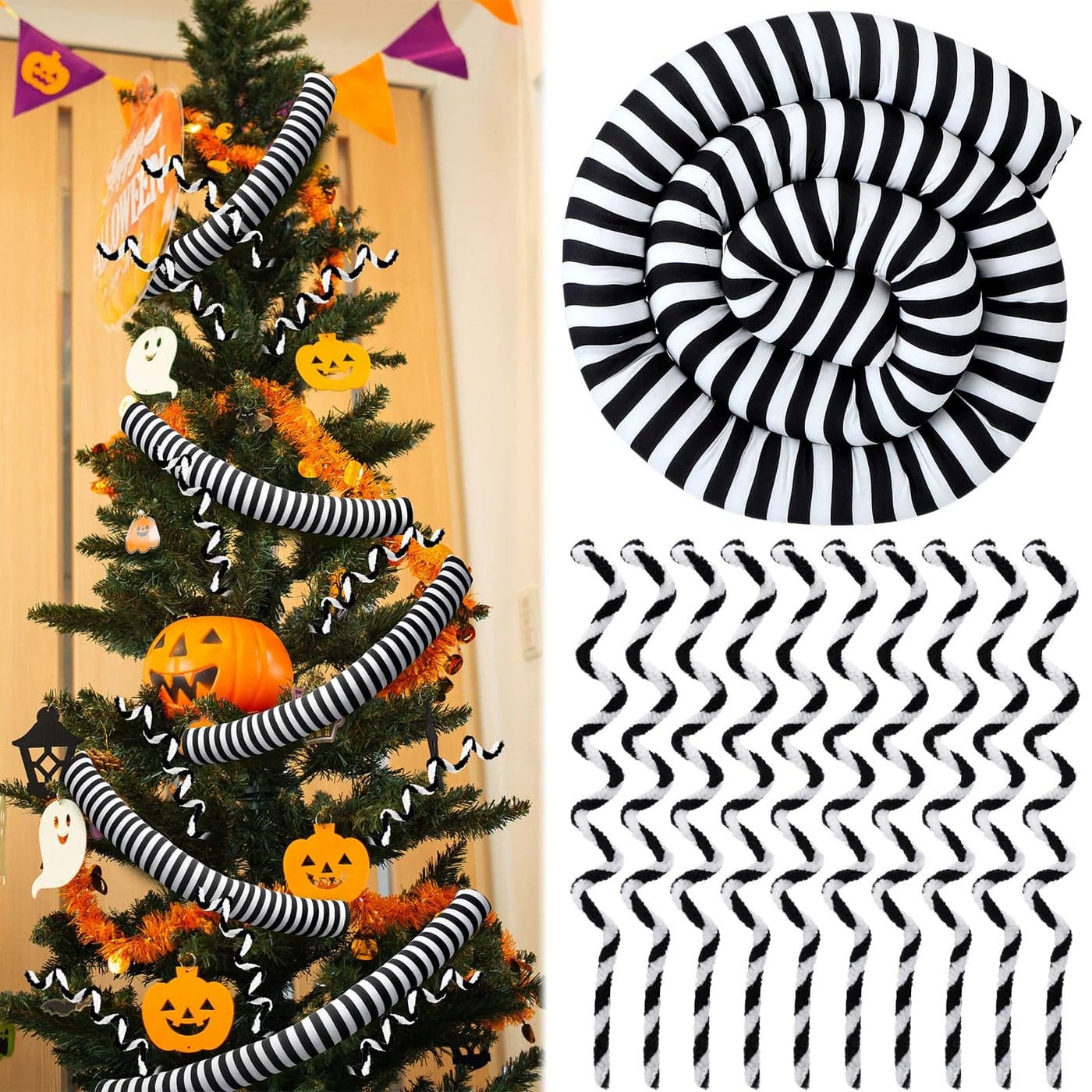 Cinnvoice 656 ft Sandworm Christmas Tree Garland Decorations with 10 Pcs Black and White Christmas Plush Cuttings for Xmas Tree Ornament Spooky Nightmare Party Decor