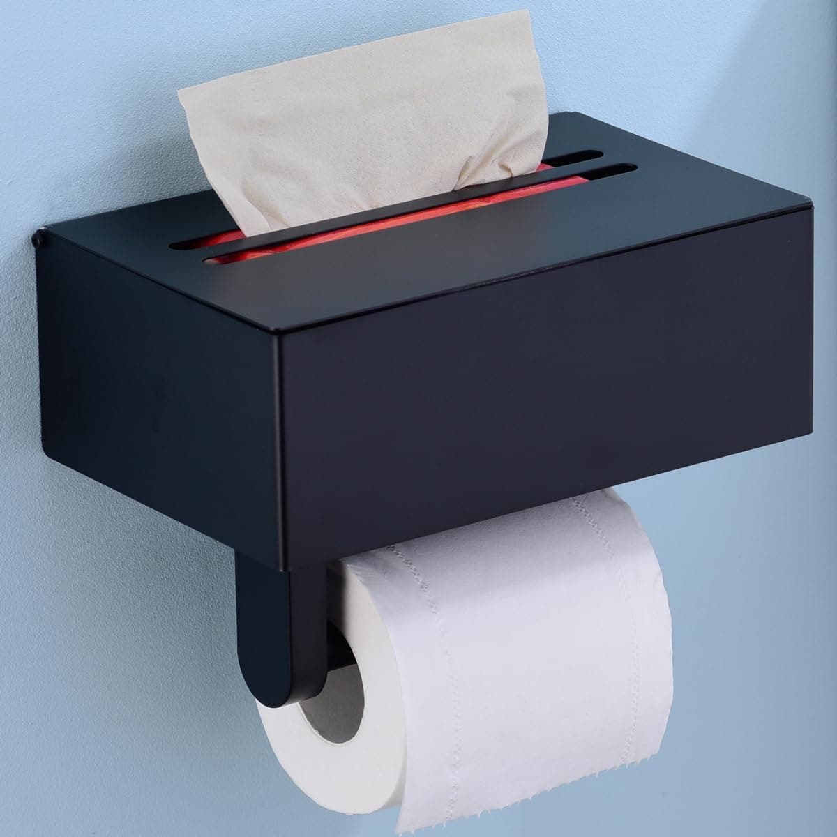 TRUSTMI Toilet Paper Holder with Storage Shelf Phone Standing Tisuse Box Cover Square Bathroom Wet Wipe Facial Organizer Wall Mounted Matte Black