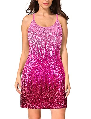 MANER Women's Glitter Sequin Dress Adjustable Spaghetti Strap Sparkle Party Dresses (Bright Pink/Rose Red/Red, Large)