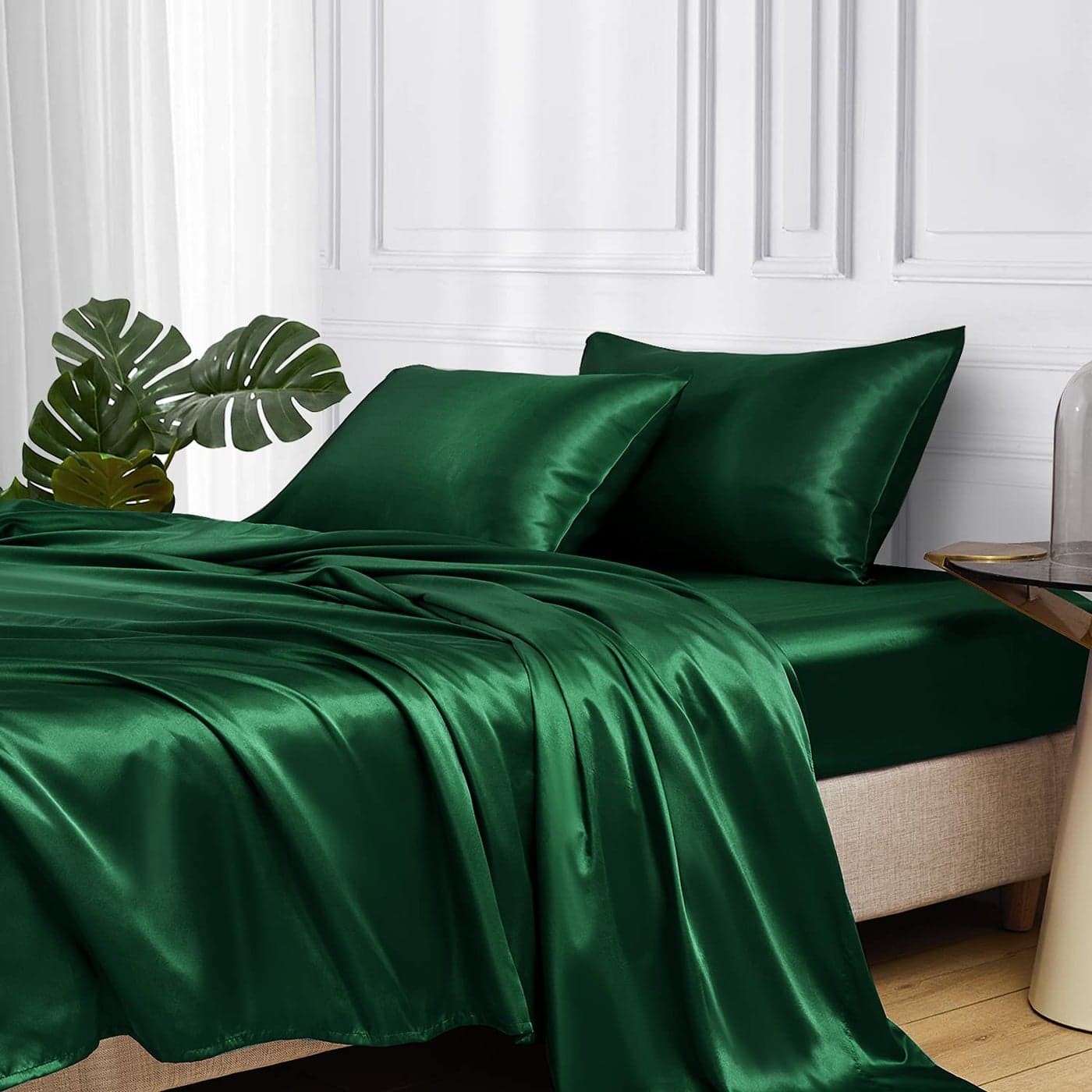 MRHM Satin Bed Sheets King Size Sheets Set 4 Pcs Silky Bedding Set with 15 Inches Deep Pocket for Mattress King Dark Green