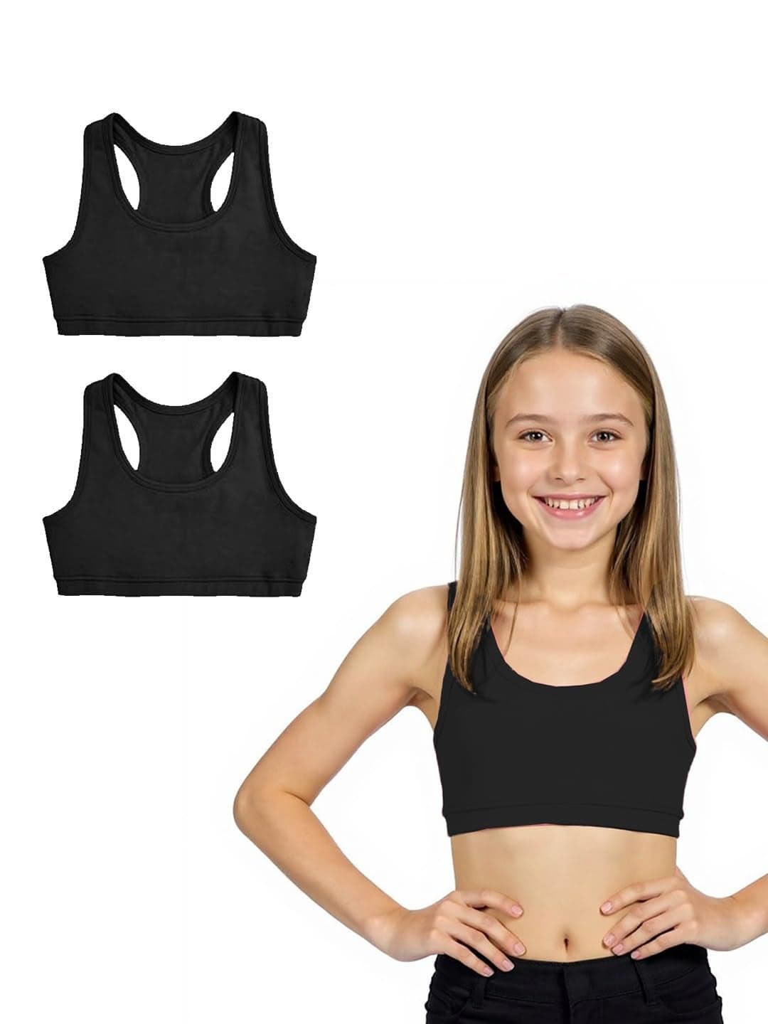 A.T.U.N. (ALL THINGS UBER NICE) Girls Cotton Sports Bra for Teen and Teenagers (Pack of 2) | Racerback Beginner Tshirt for Girls | Comfortable Training, Yoga & Workout Bra Black