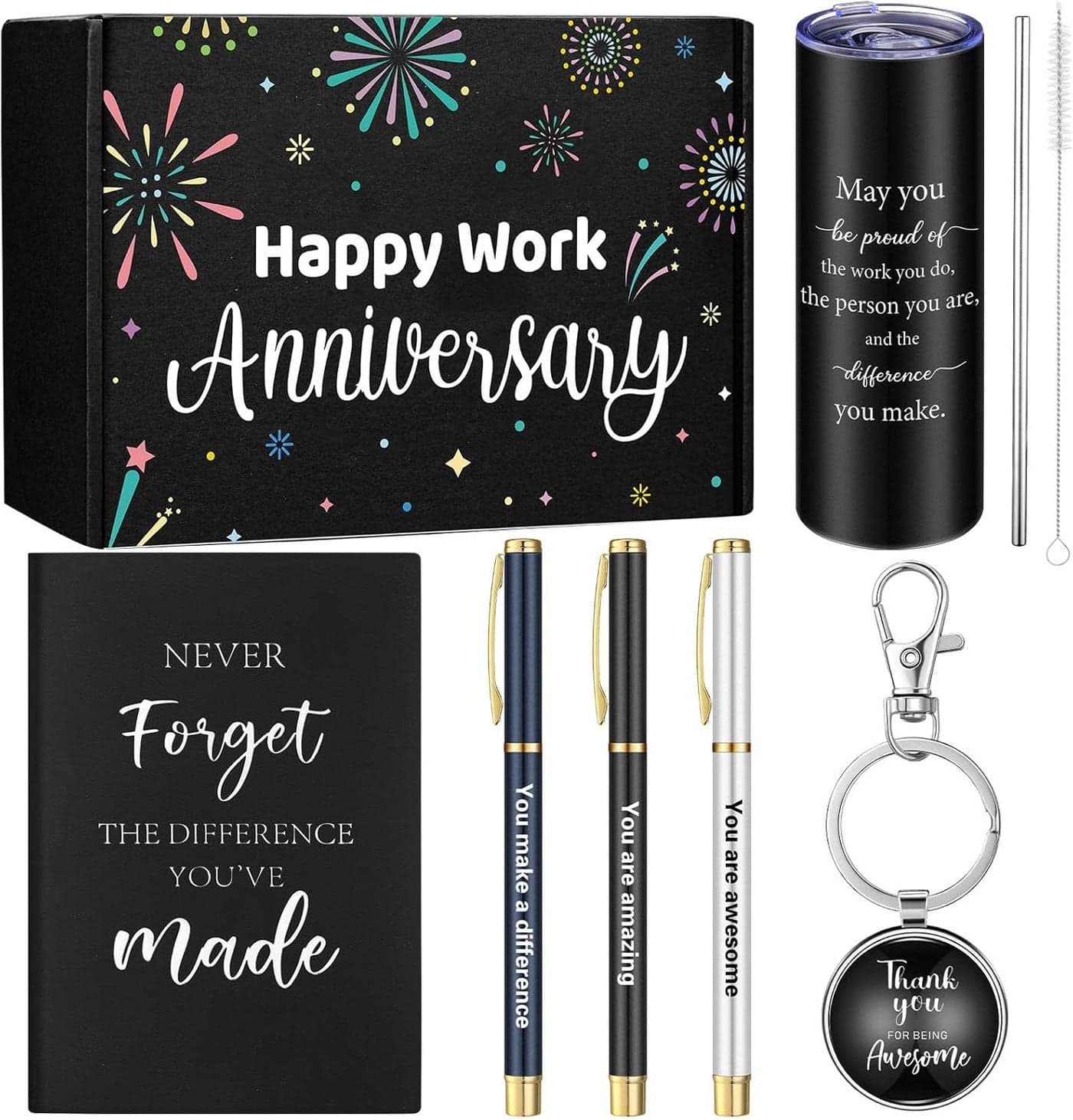 Geiserailie 7 Pcs Employee Appreciation Gift Happy Work Anniversary Workiversary Gift Box Include 1 20oz Tumbler 1 Notebook 3 Pens and 1 Keychain for Office Coworker EmployeeBlack