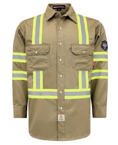 BOCOMAL FR Shirts Hi Vis/High Visibility Flame Resistant/Fire Retardant Shirt 7.5oz Khaki FR Shirts for Men