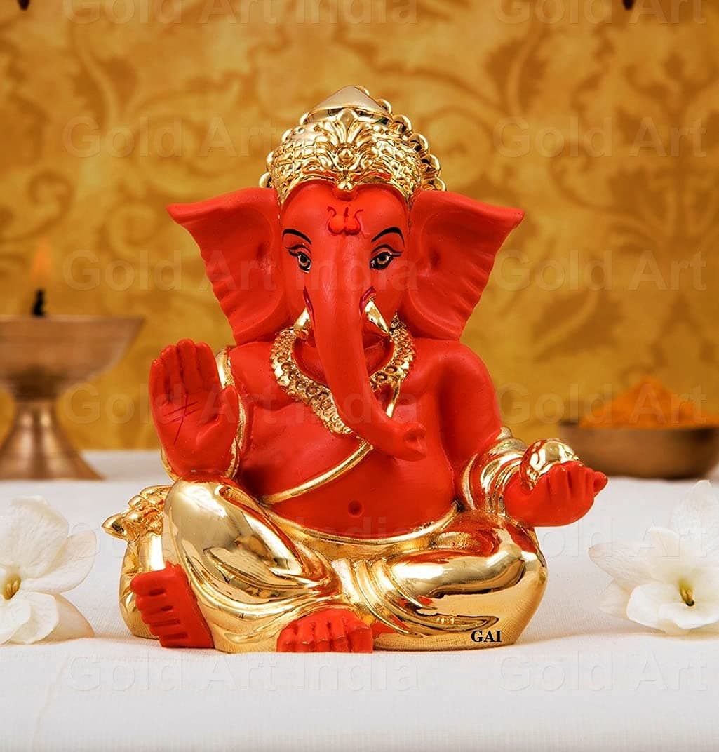 Gold Art India Resin Gaddi Ganesha 3X3 Gold Orange 1 Piece Ganesh Idol for Car Dashboard Small Ganesha Murti Ganpati Idol for Home Decor Puja Lord Ganesh Statue Gift for Office Desk Puja Room