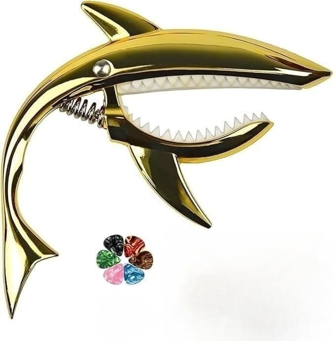 PERLMAN Shark Guitar Capo, Zinc Alloy Quick-Change Capo for Acoustic, Electric, Ukulele, Mandolin, and Banjo with Strong Grip, No Fret Buzz, Picks and Pouch In (Gold)