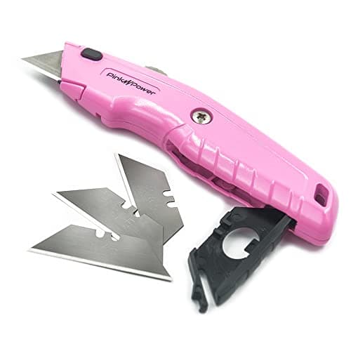 Pink Power Box Cutter Retractable, Pink Utility Knife for Carpet, Cute Box Cutter Knife Heavy Duty with 3 Blades and Storage Compartment - Opener Pocket Utility Tools for Women (1)
