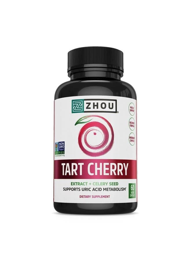 Zhou Tart Cherry Extract + Celery Seed - Tart Cherry Capsules for Men & Women, Tart Cherry Concentrate Pills for Sleep & Uric Acid Cleanse, 1000mg Per Pill - 60 Veggie Capsules (Pack of 1)