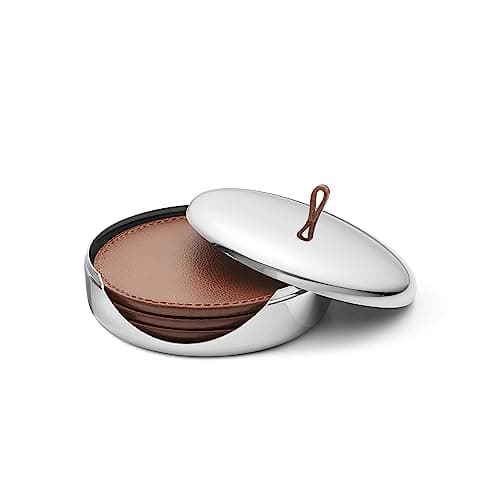 Georg Jensen SKY Collection Coaster Set, Set of 4 Leather Coasters in Stainless Steel Case