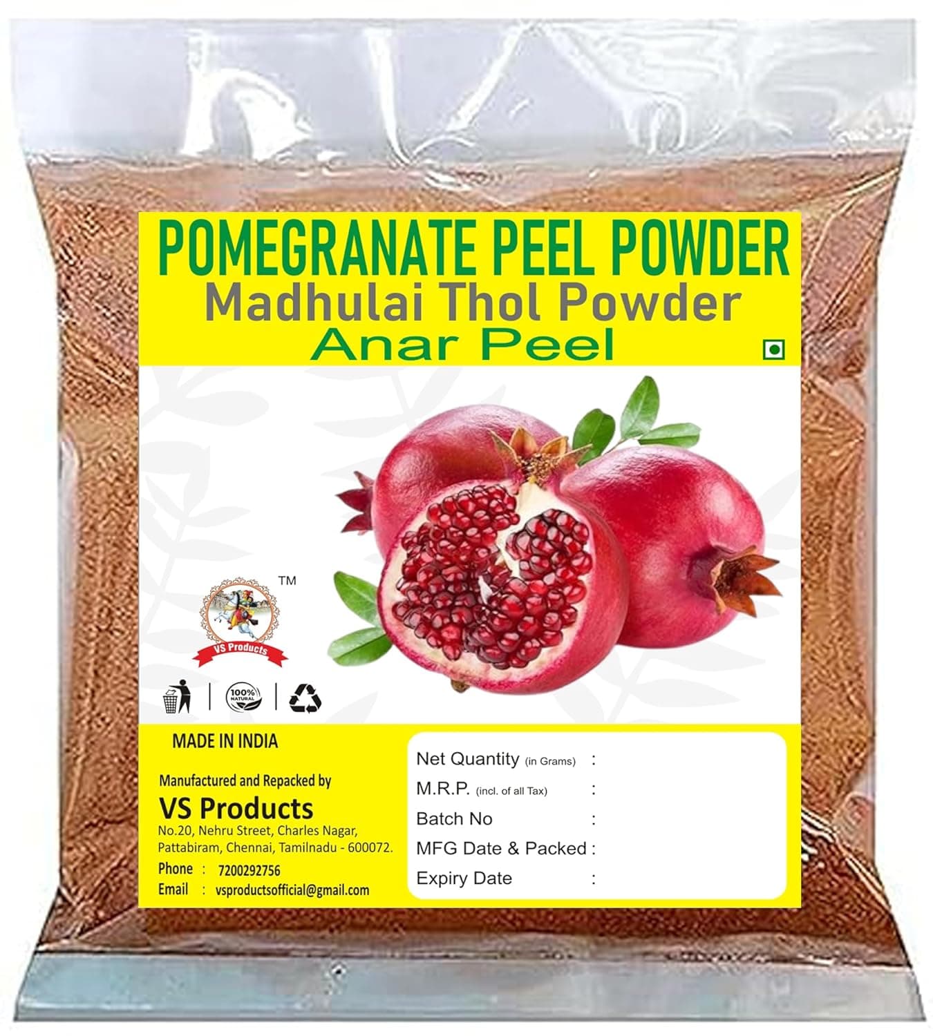 VS Products Pomegranate Peel Powder 500g Madhulai Anardana Powder For Face Skin Hair Anar Chilka Powder 500g pack of 5 x 100g