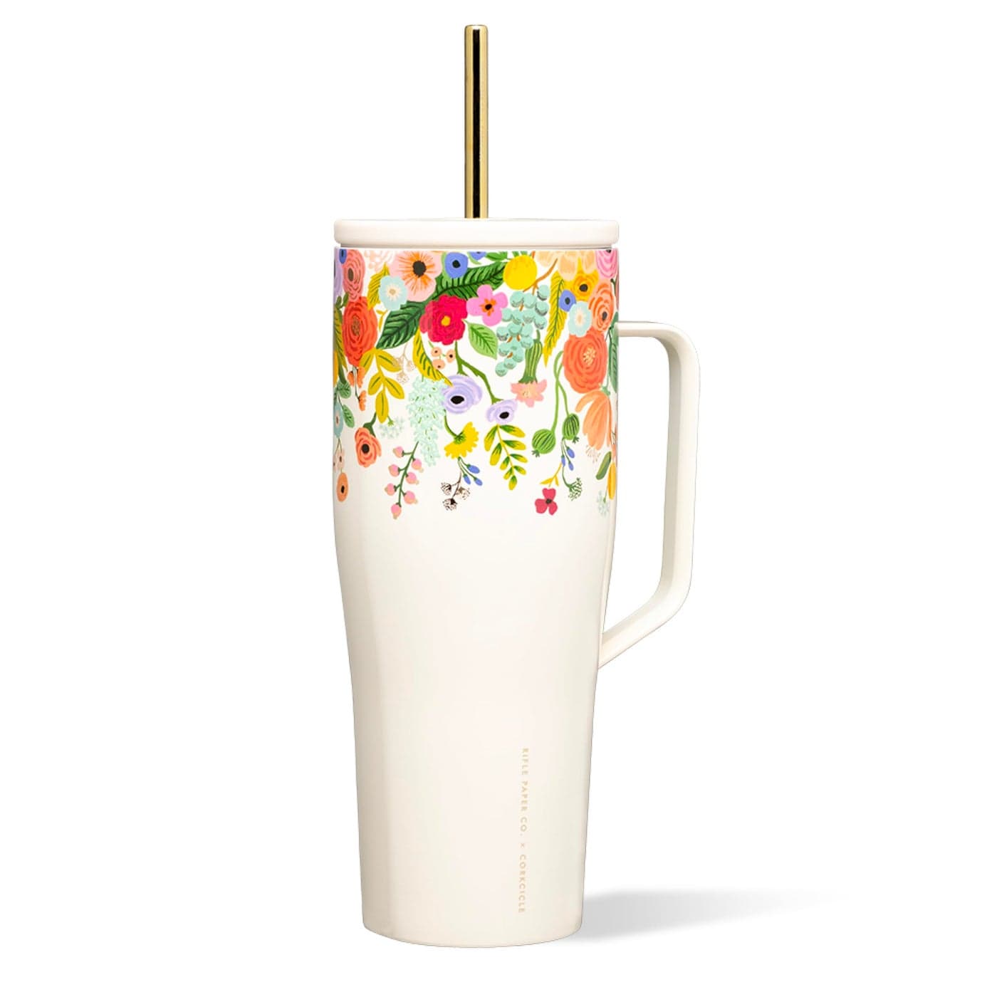 Corkcicle Rifle Paper 30oz Tumbler With Handle Garden Cream Floral Reusable Water Bottle Triple Insulated Stainless Steel Travel Mug BPA Free Cold 12 Hours Tumbler with Lid and Straw