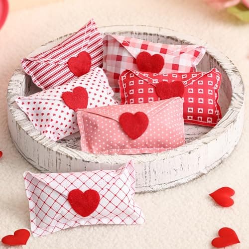 Valentines Ornaments Fabric Heart Envelope - 6PCS Red Pink Valentine Envelope Decorations for Wedding Party, Farmhouse Tiered Tray Anniversary Decorations