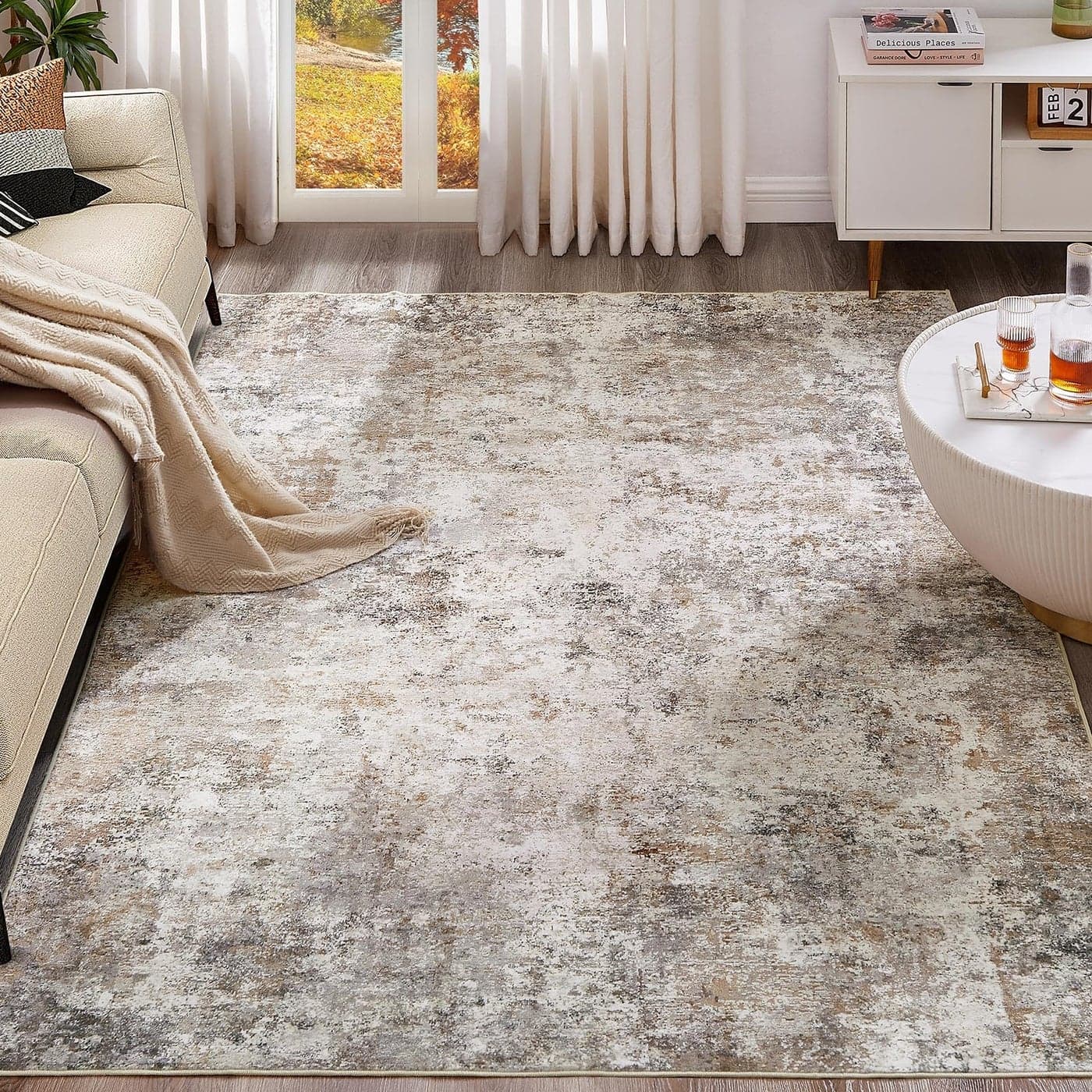 UERMEI 5x7 Area Rug Living Room Rugs Washable Neutral Modern Abstract Soft Thin Large Rug Indoor Floor No Slip Rug Carpet for Bedroom Under Dining Table Home Office Decor Brown Grey