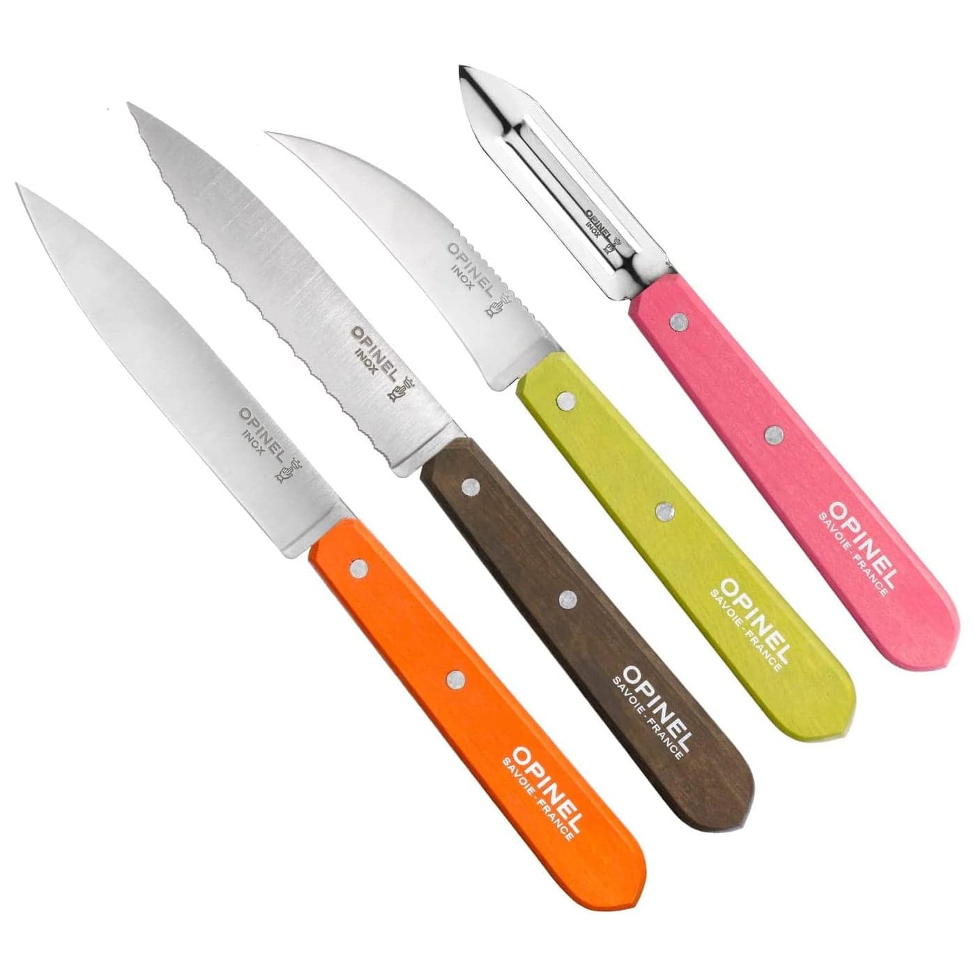 Opinel Les Essentials Small Kitchen 4 Piece Knife Set Paring Knife Serrated Knife Peeler Vegetable Knife Corrosion Resistant High Carbon Steel Made in France 50s