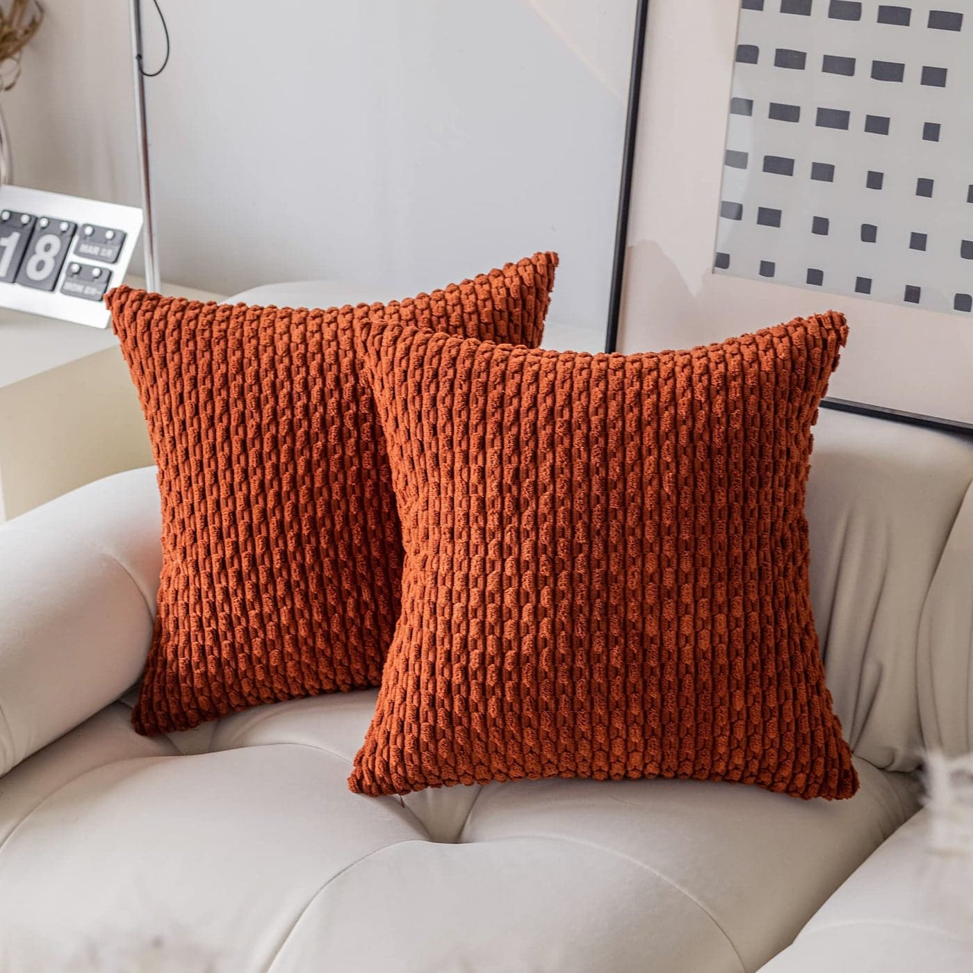 Kevin Textile Pack of 2 Corduroy Decorative Throw Pillow Covers 20x20 Inch Soft Boho Striped Pillow Covers Modern Farmhouse Home Decor for Sofa Living Room Couch Bed Burnt Brick