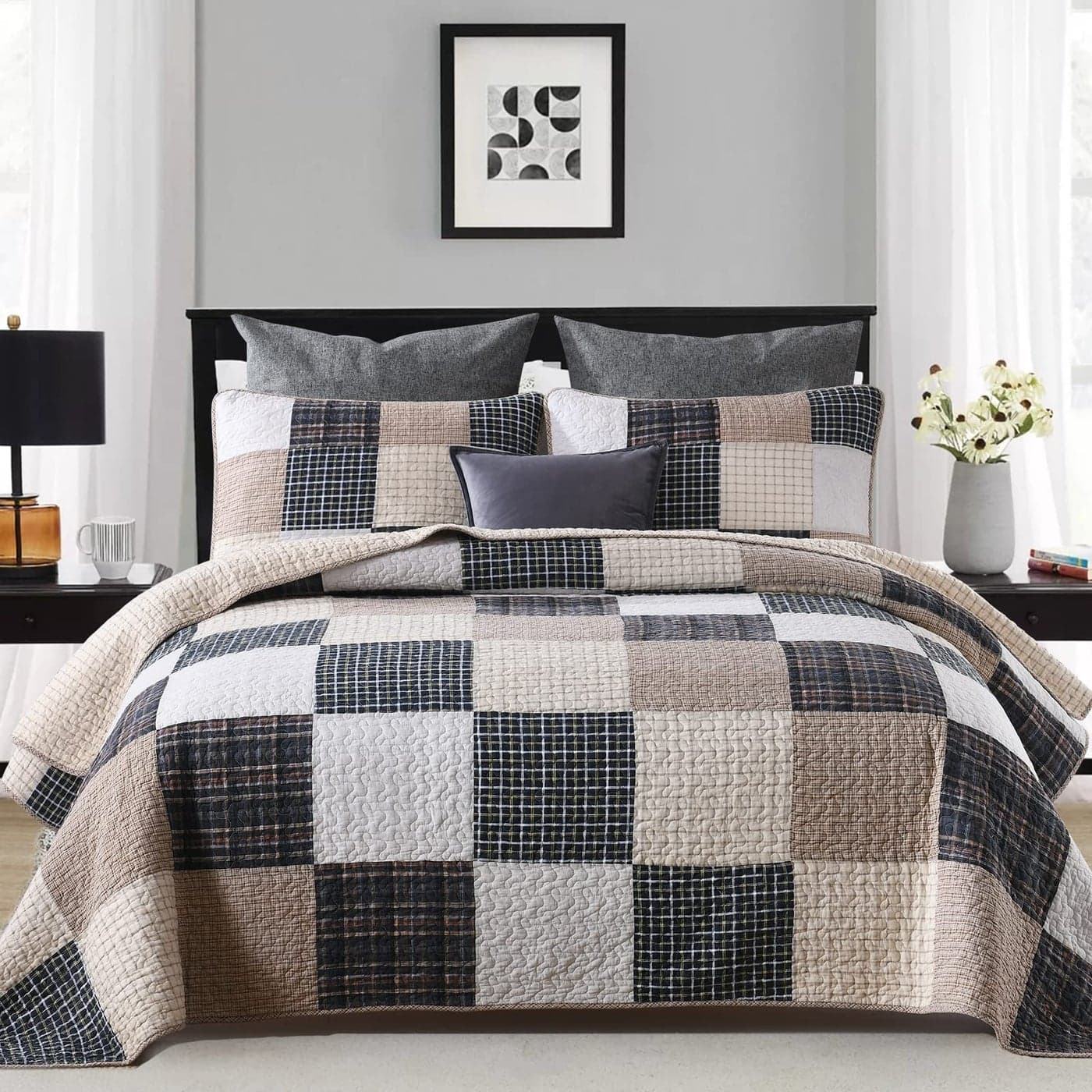 YPLWOMEN Quilts Queen Size 100 Cotton Queen Quilt Set Brown Khaki Black White Patchwork Plaid Queen Size Bedspread Lightweight Reversible Soft Summer Quilt Bedding Set 3Pieces