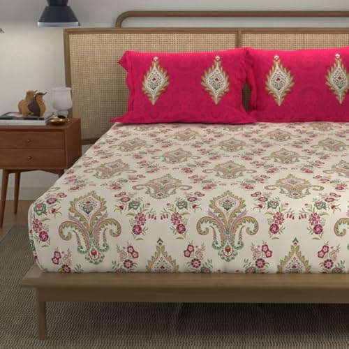 Urban Space - Divine Collection 100% Cotton Double Bedsheet with 2 Pillow Covers, Bedsheet - 90 inch x 100 inch, Motif Red