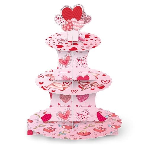 Valentine's Day Cupcake Stand Decoration, 3 Tier Hearts Candy Cupcake Stand DIY Cake Stand Holder Tower Cardboard Dessert Serving Cookie Tray Holder for Valentine Wedding Anniversary Party Supplies
