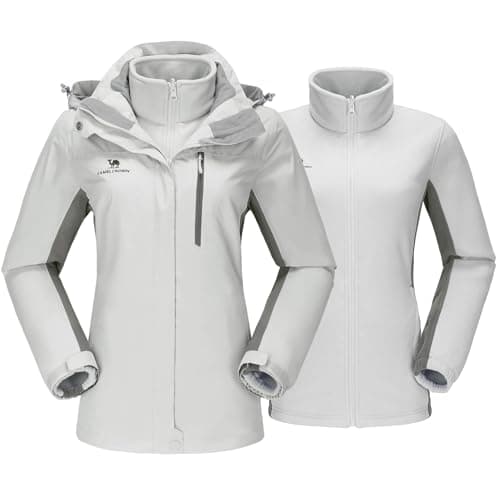 CAMEL CROWN Women's Waterproof Ski Jacket 3 in 1 Winter Coat Windbreaker Snowboard Jackets for Rain Snow Outdoor Hiking Light Grey 2XL