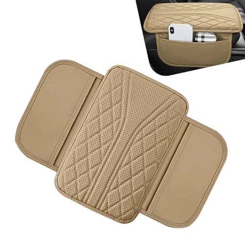 Icyfond Car Center Console Cover Leather Auto Armrest Cover Breathable Waterproof Car Armrest Cushion Cover Pad with 2 Side Storage Bags Universal Auto Interior Accessory for Most SedansBeige