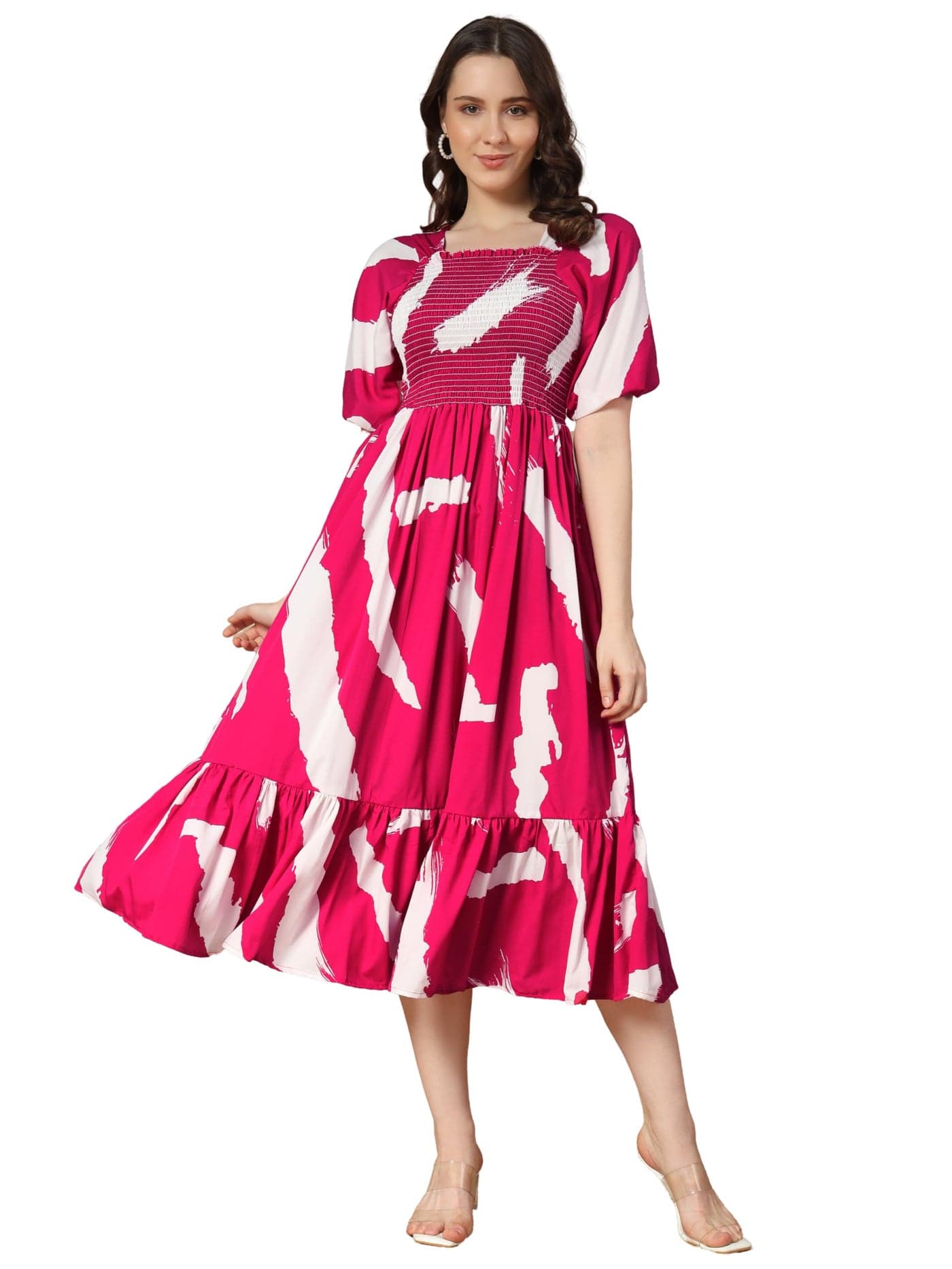 KZULLY | Brush Printed Midi Dress | Stylish Puff Sleeves | Stylish Western Dress | Beautiful Smocking and Comfortable Elastic Fit