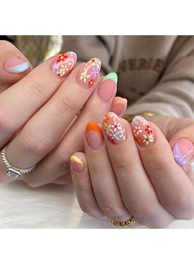 24 Pcs Almond Press on Nails Short Fake Nails French Tip False Nails with Flower Designs Acrylic Glue on Nails Spring Summer Stick on Nails for Women Girls Nail Art