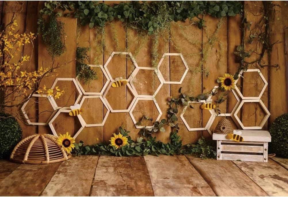 Renaiss 7x5ft Rustic Bee Themed Backdrop Wooden Wall Floor Beehive Photography Background Green Leaves Ivy Sunflower Honeycomb Farmhouse Baby Shower Birthday Party Banner Kids Pet Photo Booth Props